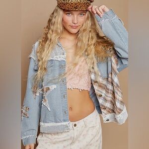 POL Star plaid patchwork lace blue white Denim Jacket with Star Patch